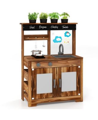 Mud Kitchen Fir Wood Play Kitchen with 4 Panting Pots Faucet Removable Sink