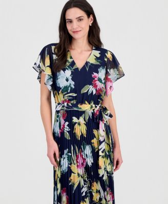 Women's Flutter-Sleeve Pleated Maxi Dress