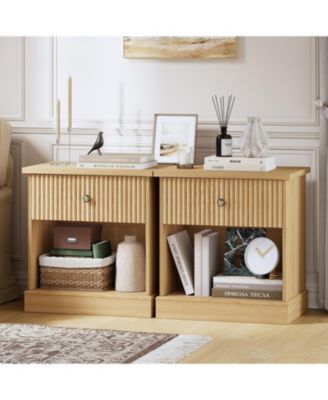 Fluted Nightstand with Drawer, Mid Century Modern Bedside Table Light Wood Nightstand with Storage