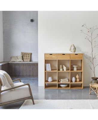 Miho low bookcase in solid oak and white premium terrazzo