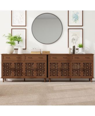 Vintage Sideboard Buffet Cabinet, Hand-Carved Doors, 2 Drawers, 4 Doors