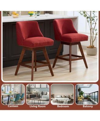 Swivel Bar Stools Set of 2, Modern Upholstered Counter Height Chairs with Wooden Legs and Nailhead Trim for Kitchen Island