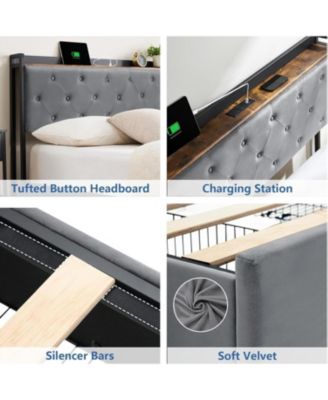 Bed Frame With Headboard and 4 Drawers Velvet Upholstered Frame With Charging Station Quiet Easy To Assemble