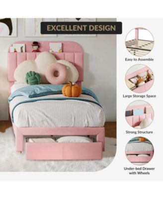 Twin Bed Frame Velvet Platform Bookcase Headboard Kids Girls Steel Legs Easy Build Noise Free