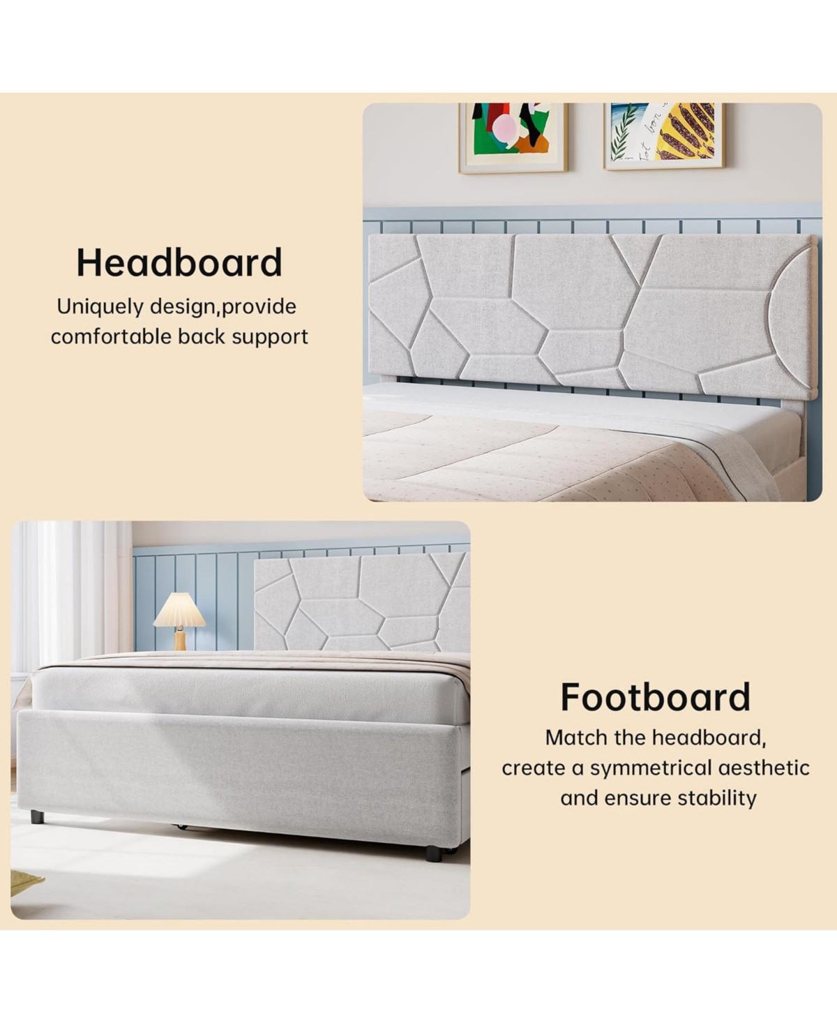gaomon Trundle Bed, Upholstered Platform Bed Frame, Pull Out Bed with Headboard, Wood Slat Support, for Bedroom, Living Room
