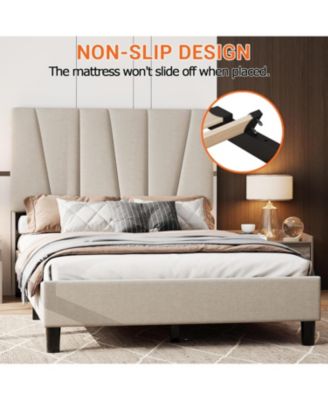 King Linen Bed Frame Twill Tufted Headboard Wooden Slats Upholstery No Box Spring Needed