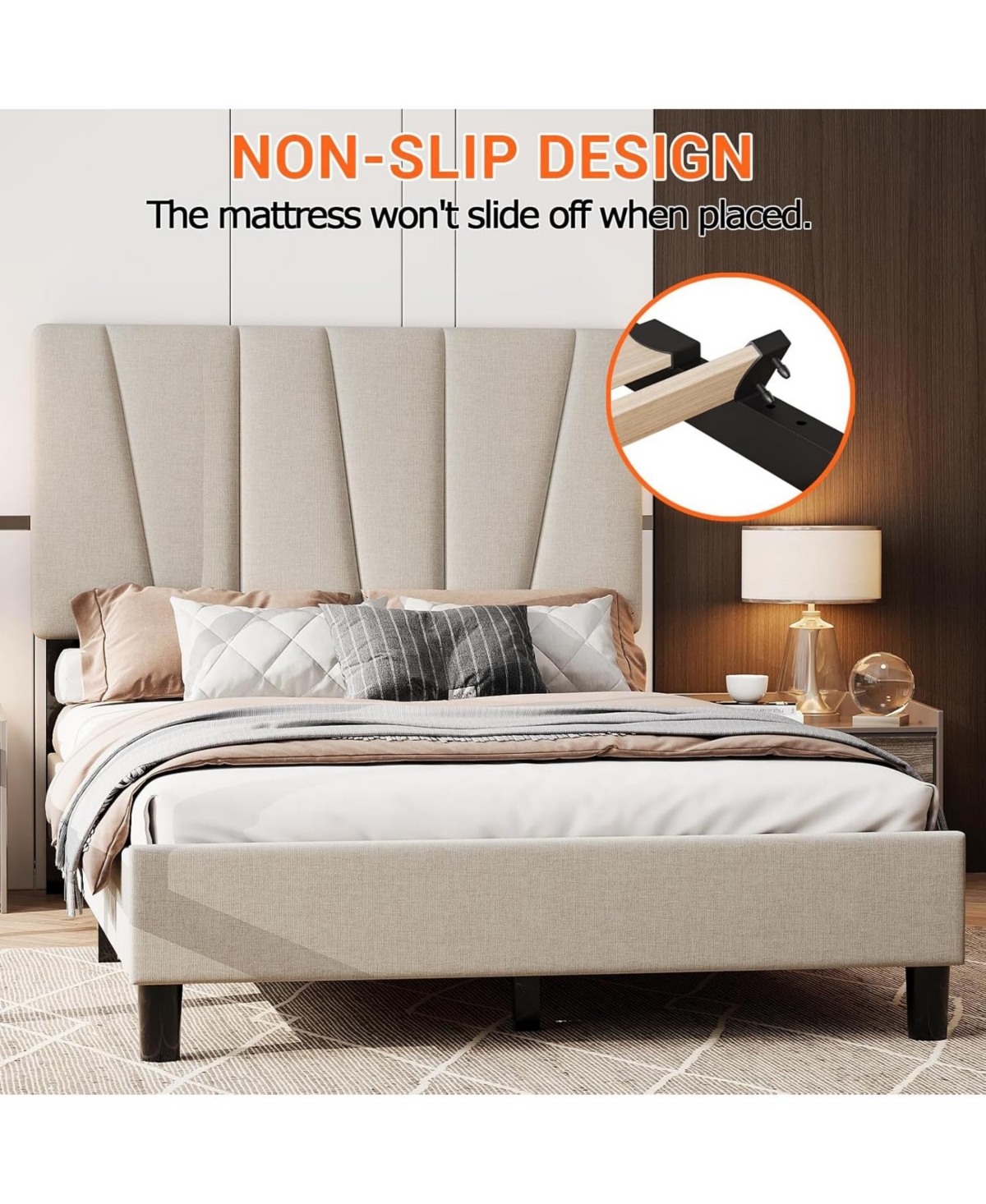 gaomon King Linen Bed Frame Twill Tufted Headboard Wooden Slats Upholstery No Box Spring Needed