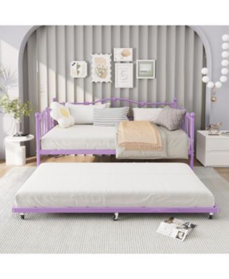 Twin Daybed with Trundle, Metal Sofa Bed Frame with Steel Slat Support, Love Heart Design, No Box Spring