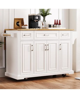 54" White Kitchen Island with Drop Leaf, 4 Doors, 3 Drawers, on Wheels