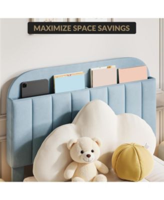 Bed Frame Velvet Platform Bookcase Headboard Kids Girls Steel Legs Easy Build Noise Free.