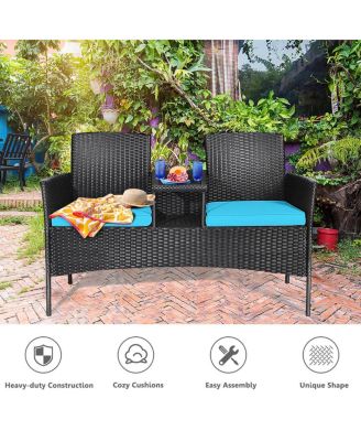 Patio Rattan Loveseat Sofa Cushioned Coffee Table