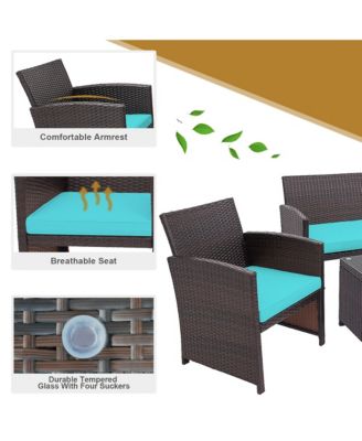 4PCS Patio Rattan Furniture Set Cushioned Chair Sofa Coffee Table