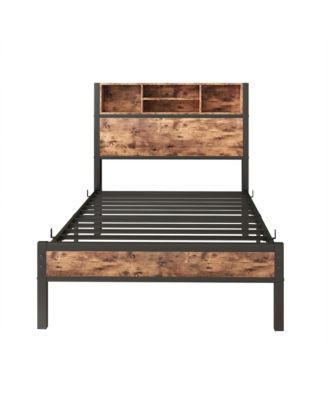 Twin Platform Bed with Storage Headboard and Charging Station