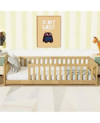 Twin Size Floor Bed with Fence and Safety Guardrails