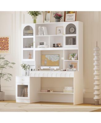 79.1 in. Tall Wood 13-Shelf Standard Bookcase with Writing Desk Table, Glass Door Cabinet,Drawers, French Style