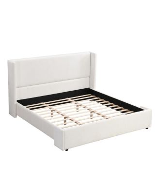 Elegant White Fabric Upholstered Bed with Tall Headboard