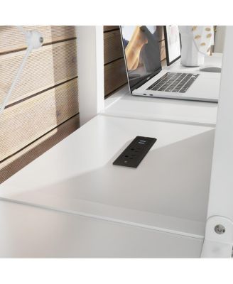 Twin Over Twin Metal Loft Bed with Double Desk, Wardrobe, Shelves & Outlet