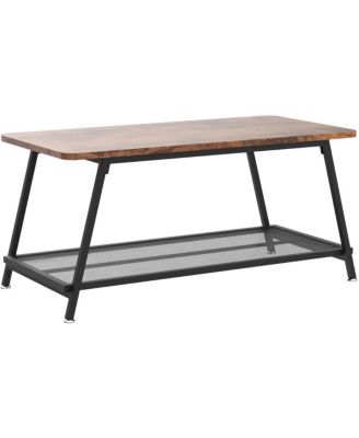 Industrial Rectangular 2-Tier Wood Coffee Table with Metal Frame and Mesh Shelf.