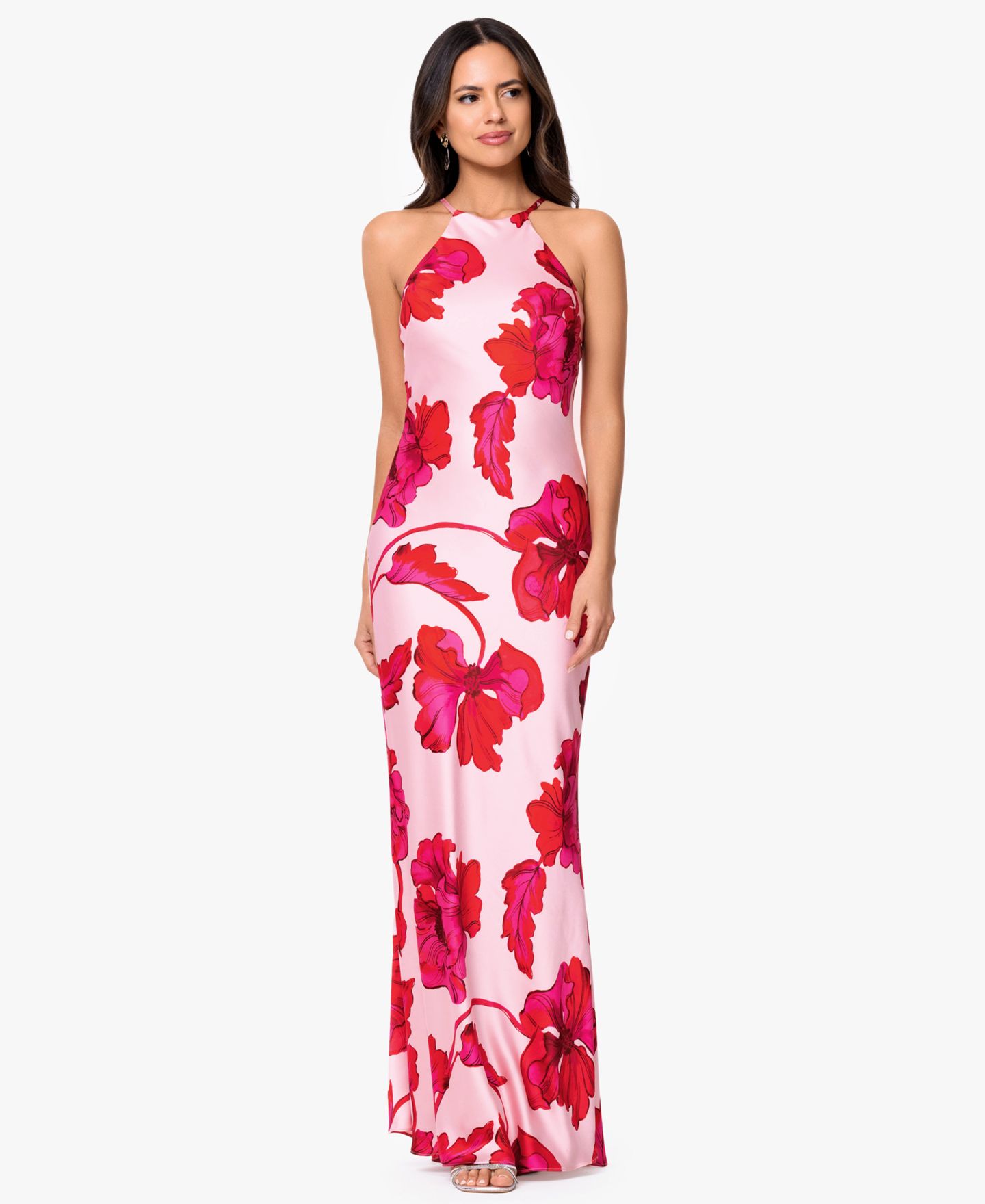 Женское платье XSCAPE Sleeveless Halter Neck Printed Long, цвет: Красный розовый — фото 1