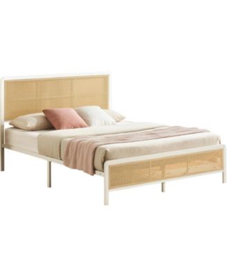 Full Rattan Bed Frame With LED Headboard Metal Platform Storage Rounded Corners Noise Free No Box Spring