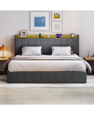 King Lift Up Storage Bed Frame Velvet Upholstered Hydraulic Platform Storage Headboard LED Charging Wood Slats No Box Spring