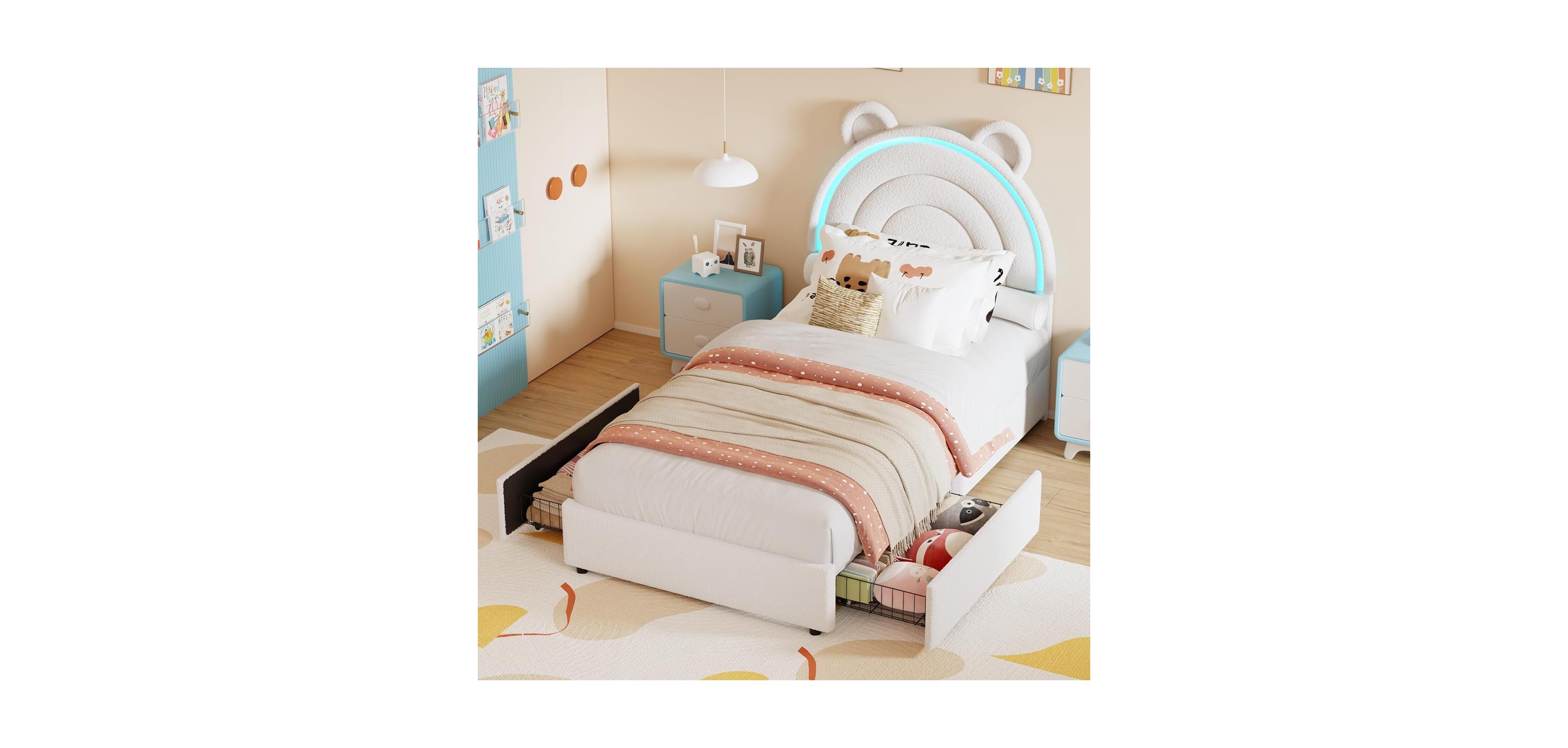 gaomon Twin Bed Frame Princess Platform with 2 Storage Drawers Led Rainbow Headboard Wood Slats No Box Spring
