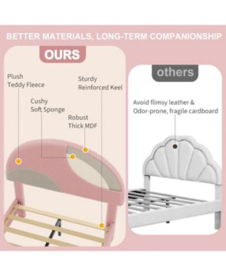 Modern Arch Boucle Twin Bed Frame Soft Pink and Beige Headboard Wooden Slats No Box Spring Cozy Bedroom