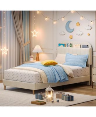 Twin Bed Frame With Bookcase Headboard Upholstered Platform Kids Bed Wooden Slats No Box Spring