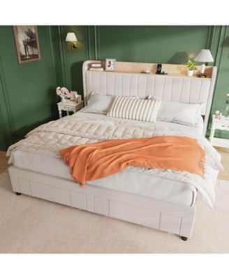 King Upholstered Bed Frame With Storage Headboard Charging Drawers Platform No Box Spring Easy Build