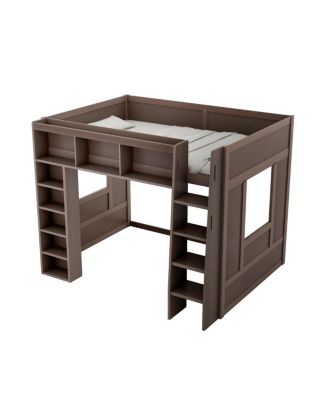 Queen Size Wooden Loft Bed with Storage Cabinets and Shelves
