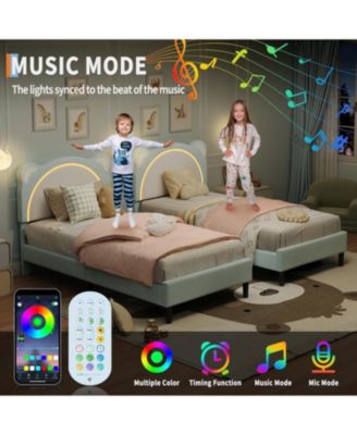Bed Frame with LED Lights Adjustable Bear Headboard Velvet Kids Platform Wood Slat Support Noise Free Easy