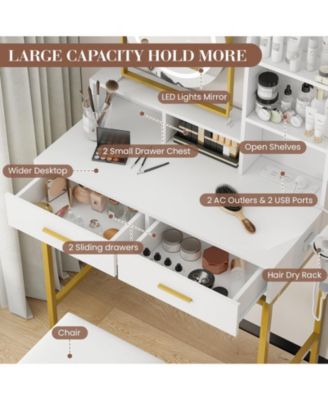 Makeup Vanity Set with Rotating Lighted Mirror, Stool, 2 Drawers and Power Outlet