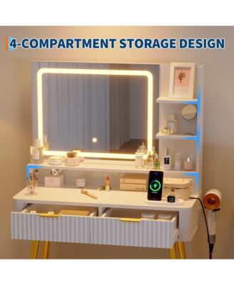 Mid-Century Modern Makeup Vanity Desk with Lighted Mirror, 2 Drawers and Cabinet