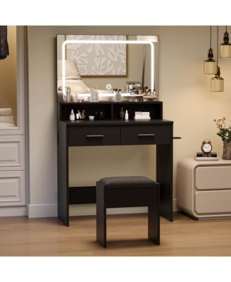 Modern Small Makeup Vanity Set with 3-Color LED Mirror, 2 Drawers, Stool and Power Outlet