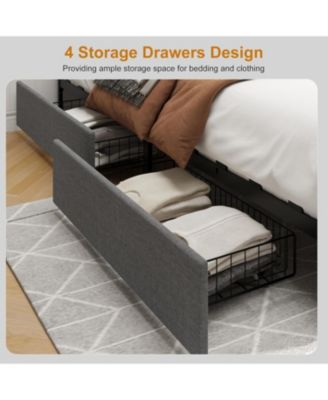 Queen Platform Bed Frame 4 Drawers Linen Upholstered Wood Slats Large Storage No Box Spring Non Slip
