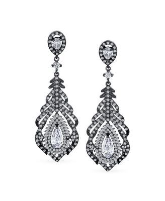 Art Deco Style Cubic Zirconia Leaf Teardrop Statement CZ Chandelier Clip On Earrings