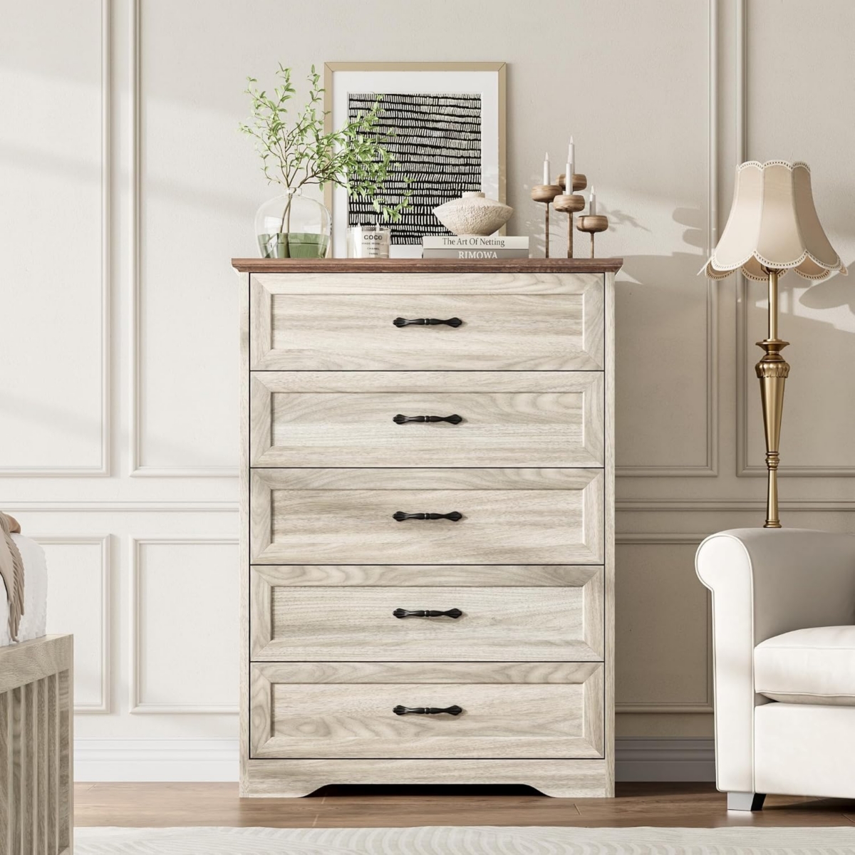 gaomon 5-Drawer Tall Dresser for Bedroom, Farmhouse Wooden Chest with Wide Metal Handles
