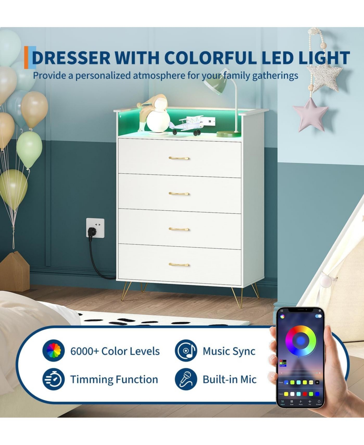 gaomon Tall 4-Drawer Dresser with Rgb Lights & Charging Station