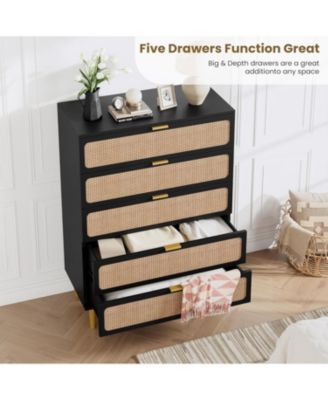 Modern Rattan 5 Drawer Dresser Deep Storage Wide Top for Bedroom