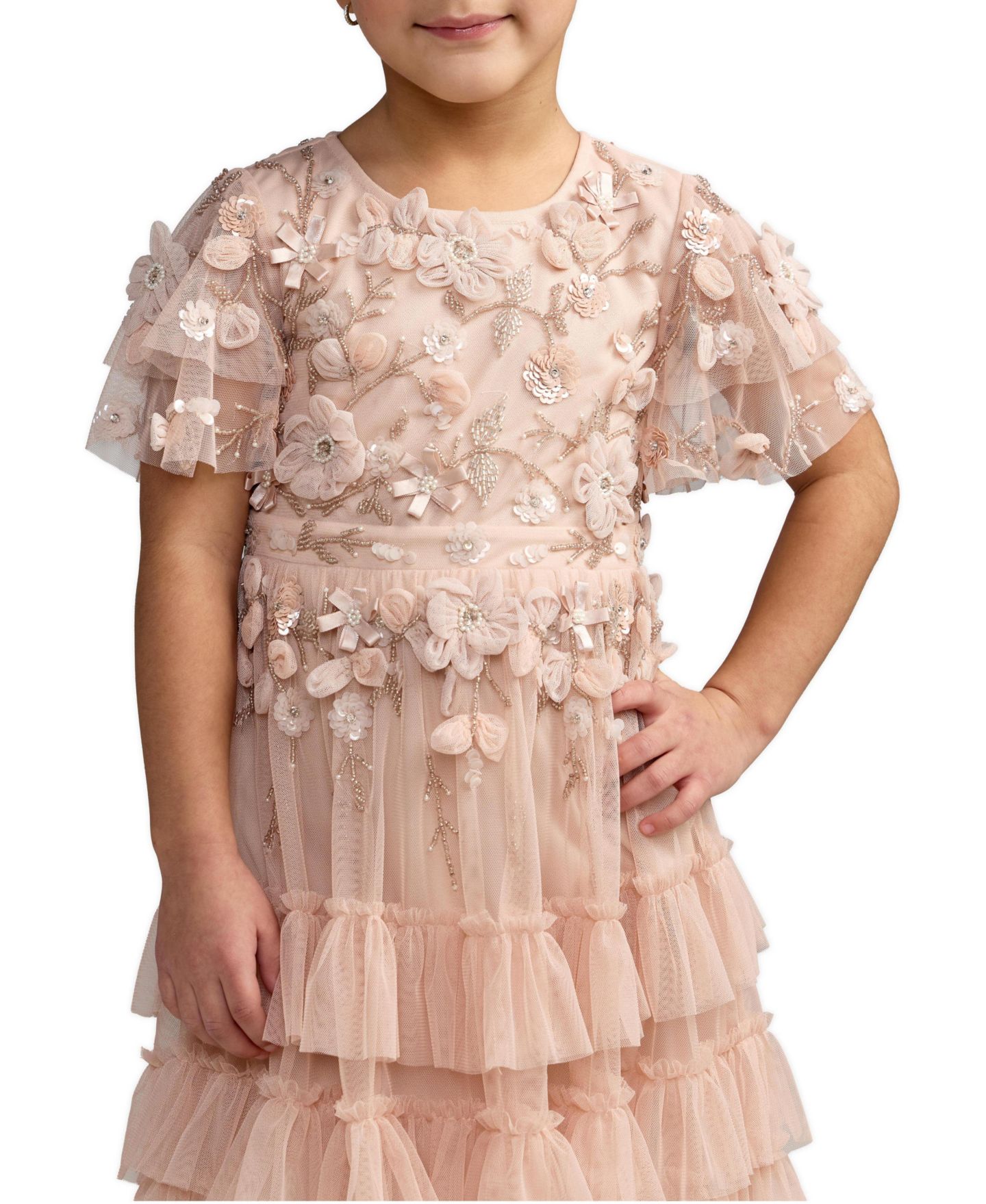 Платье Mac Duggal Flutter Sleeve Tiered Ruffle Gown для девочек, цвет: Пудровый — фото 4