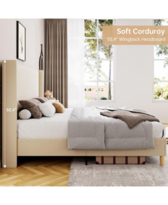 Queen Corduroy Upholstered Bed Frame Platform With Wingback Headboard Wood Slats No Box Spring