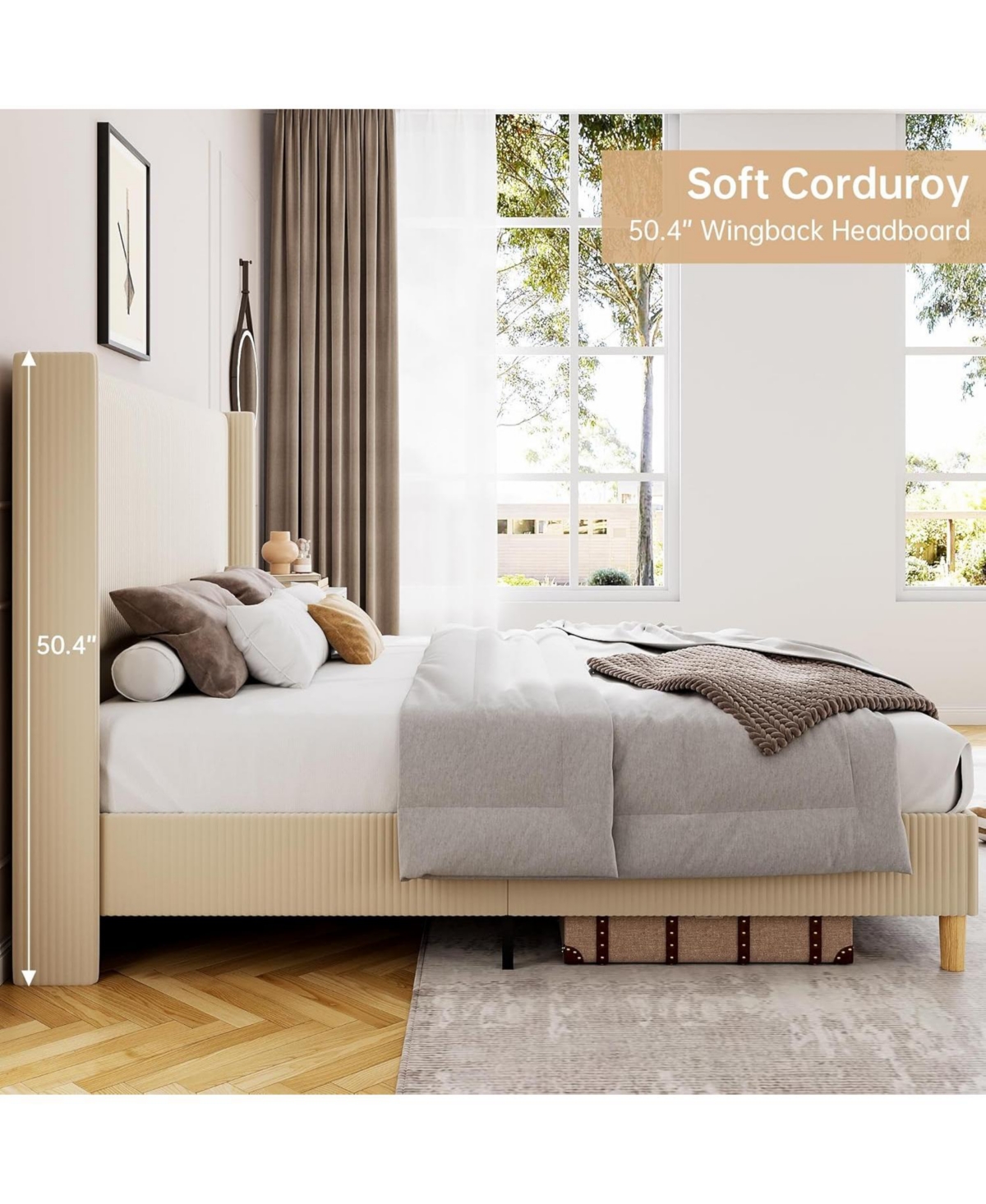 gaomon Queen Corduroy Upholstered Bed Frame Platform With Wingback Headboard Wood Slats No Box Spring