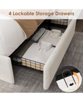 Full Boucle Upholstered Bed Frame Platform with 4 Drawers and Headboard Soft Fabric No Box Spring Required Easy Assembly