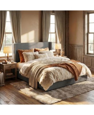 Queen Bed Frame with Storage Drawers Corduroy Upholstery Wingback Tufted Headboard No Box Spring Needed