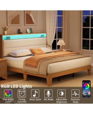 Boucle Bed Frame with LED Lights Charging 2 Storage Headboards No Box Spring Easy Assembly Noise Free