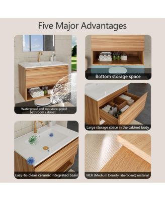29" Wall Mounted Bathroom Vanity with Sink, Modern Walnut MDF Cabinet, Large Drawer Storage for Small Space