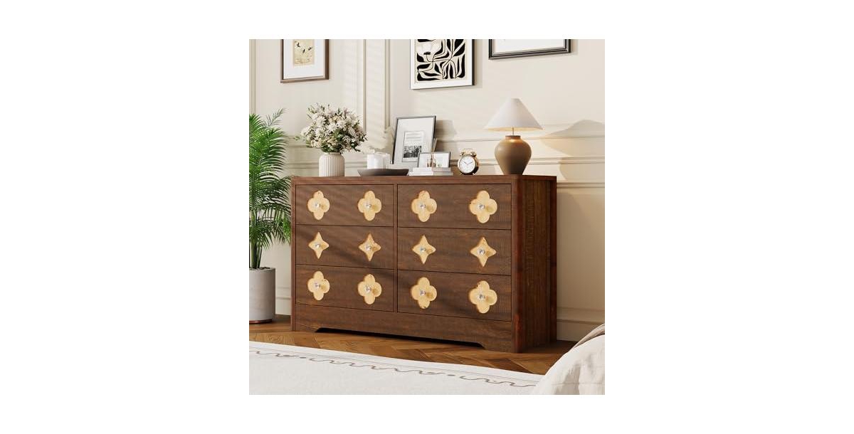 gaomon 6 Drawer Dresser for Bedroom, 47.2'' Wide Dresser, Boho Chest of Drawers, Wooden Chest with Clothes Storage Cabinet - Red