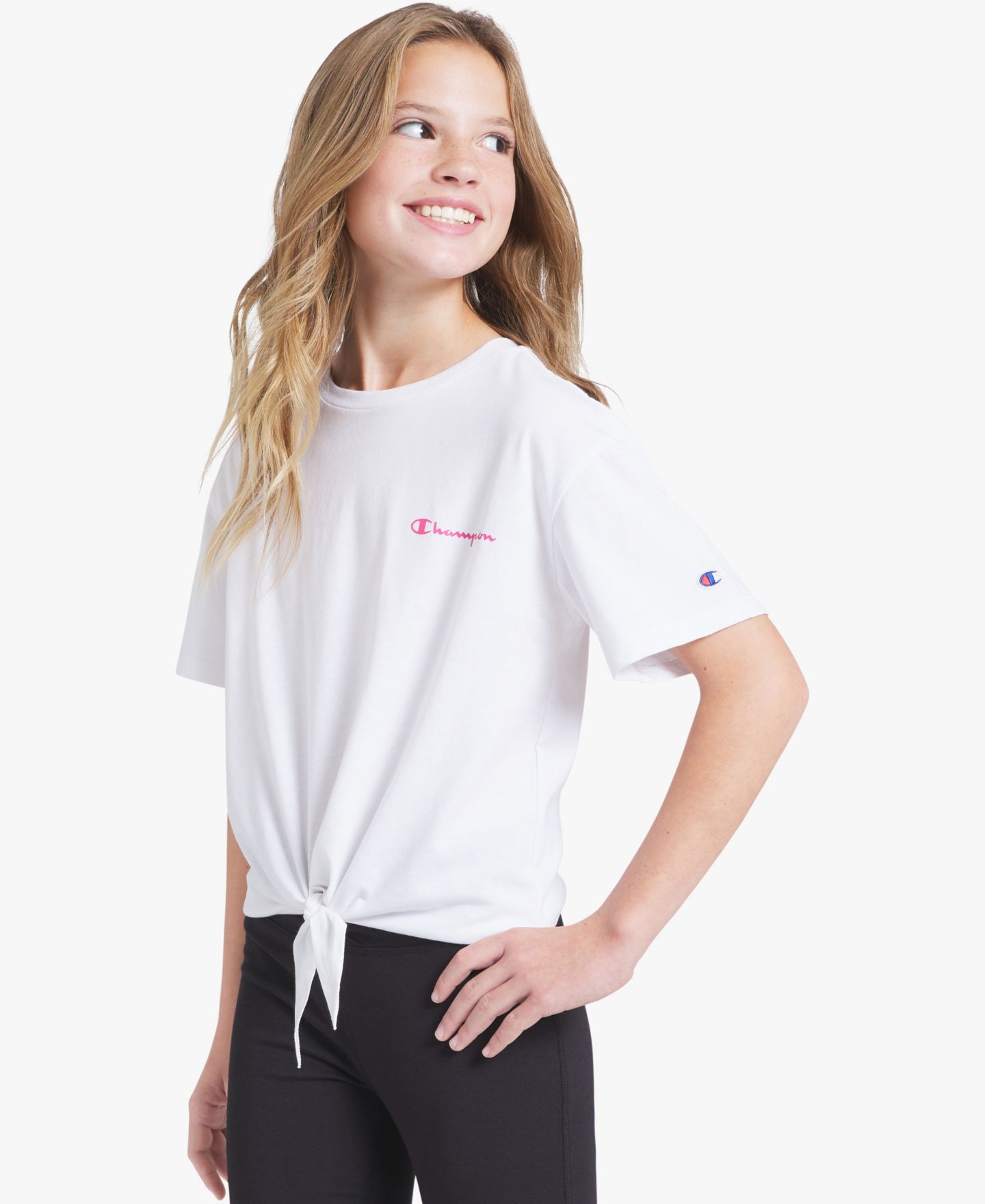Футболка Champion Tie-Front Short-Sleeve Tee Shirt для девочек, цвет: Яркий белый — фото 3