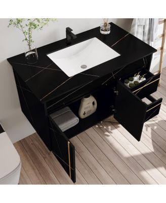 Floating Bathroom Vanity with Faux Marable Top, Integrated Ceramic Sink, Soft Close Drawers, Luxury Modern
