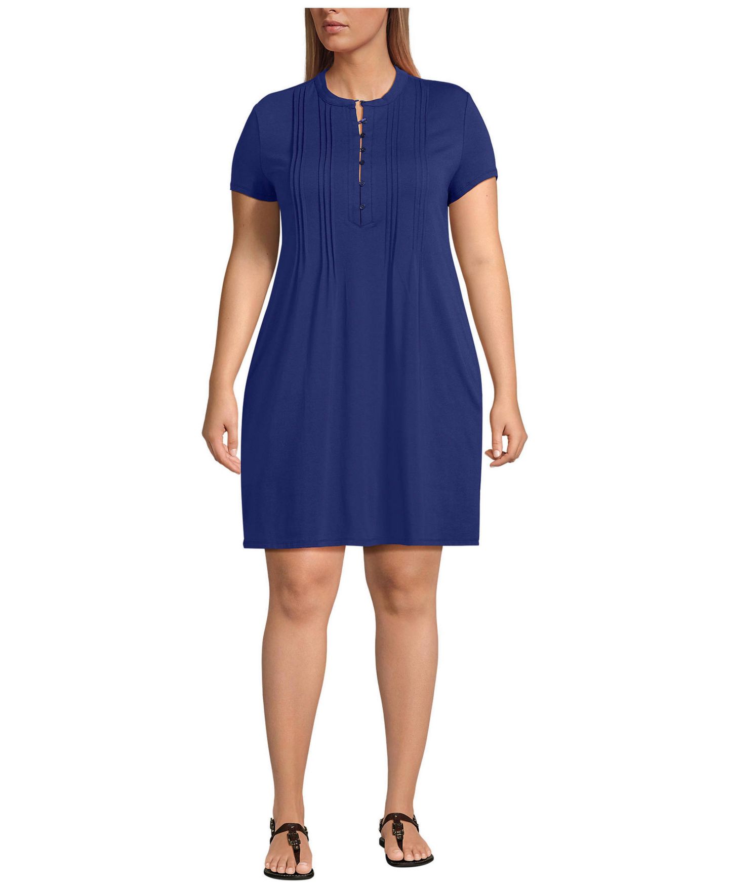 Женское платье Lands' End Plus Size Cotton Modal Pintuck Short Sleeve, цвет: Полуночный небесно-голубой — фото 1
